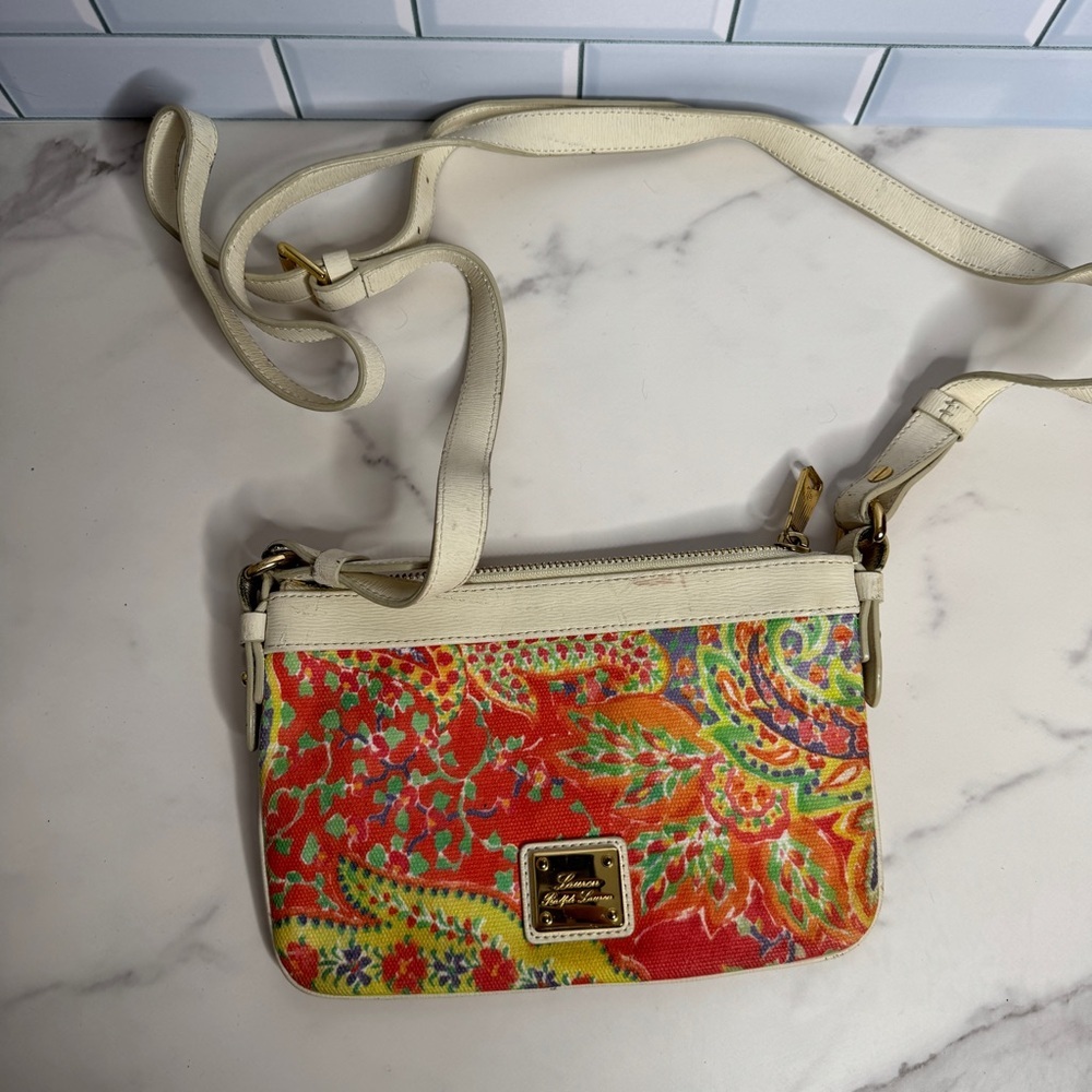 Lauren Ralph Lauren Newbury paisley crossbody bag canvas w leather trim floral